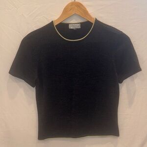 Tahari Black Wool Knit Tee with Green Trim